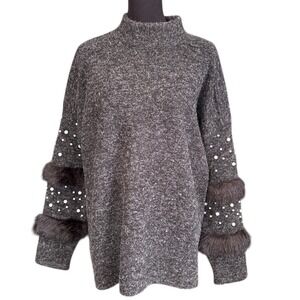 Baciano Black Wool Blend Mock Neck Sweater With Faux Pearl & Faux Fur, Medium